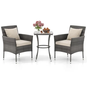 3-Piece Patio Furniture Set PE Wicker Conversation Bistro Set w/ A Tempered