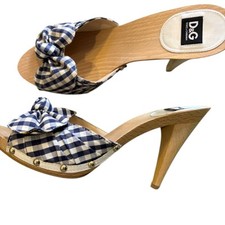 NEW DOLCE & GABBANA Navy White Check Fabric Bow Wooden Heel Mules, Size 39
