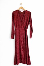 UK 10 Dancing Leopard Red Satin Feel Long Sleeve Midi Wrap Dress Leopard Print