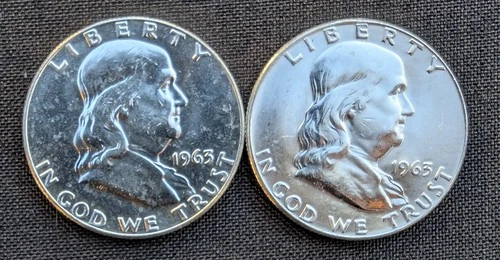 Two (2) 90% Silver - 1963-D Franklin Half Dollar - Uncirculated from Bank Roll