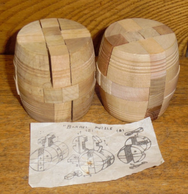 2 Vintage 3D Figural Wood Block Puzzle - Barrels - 2 1/4'' Tall