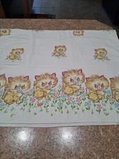 Vintage Baby Receiving Blanket White Yellow Pink Kitten Kitty Cat Flower 24"x38"