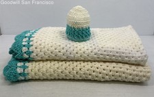 Handmade Set White and Blue Crochet 2 Baby Blankets and Knitted Hat for Newborn