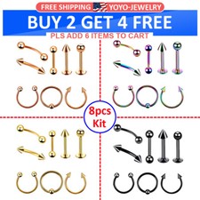8Pcs Septum Nose Rings Lip Eyebrow Studs Surgical Steel Body Piercing Kit 16G