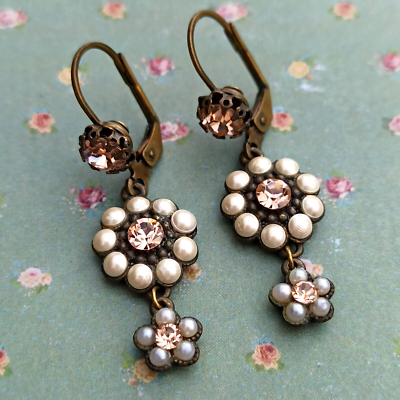 Michal Negrin Earrings Long Dainty Mini Pearls Cream Floral