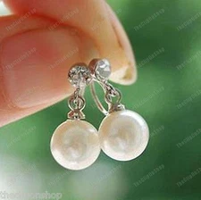 U CLIP ON comfy CREAM PEARL DROP & CRYSTAL stud EARRINGS rhinestone IVORY
