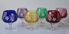 SIX AJKA MARSALA MULTICOLOR CASED LEAD CRYSTAL BRANDY GLASSES, MARKED