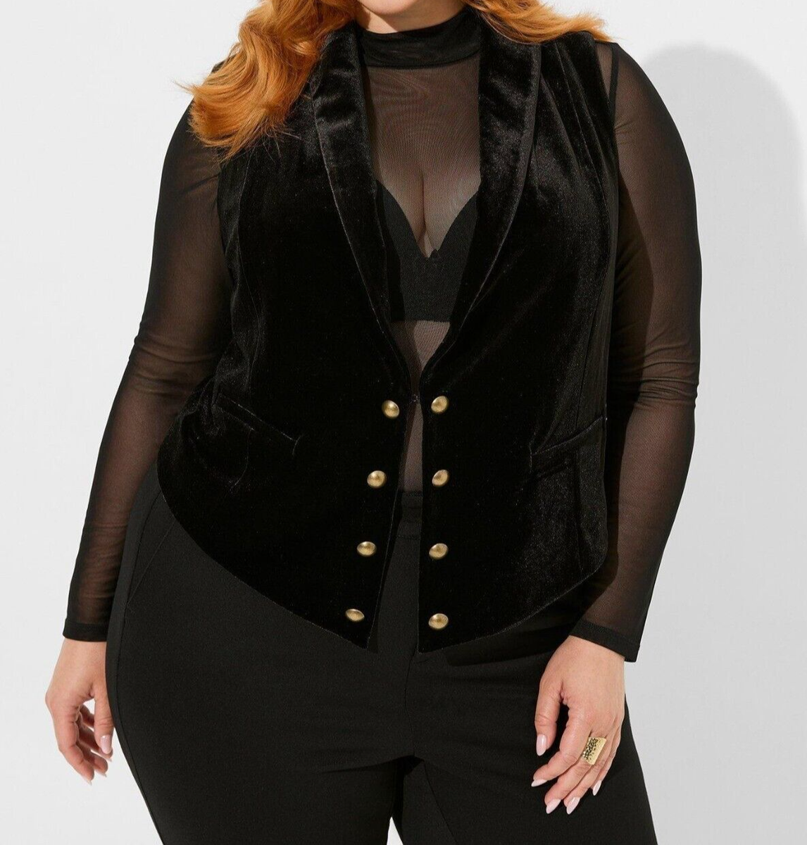 Torrid Stretch Velvet Button Front Vest Black Plus Size 4 4X