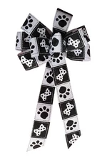 Dog Bones and Paws, Black on White Linen Wreath Bow, Wired, Several Sizes