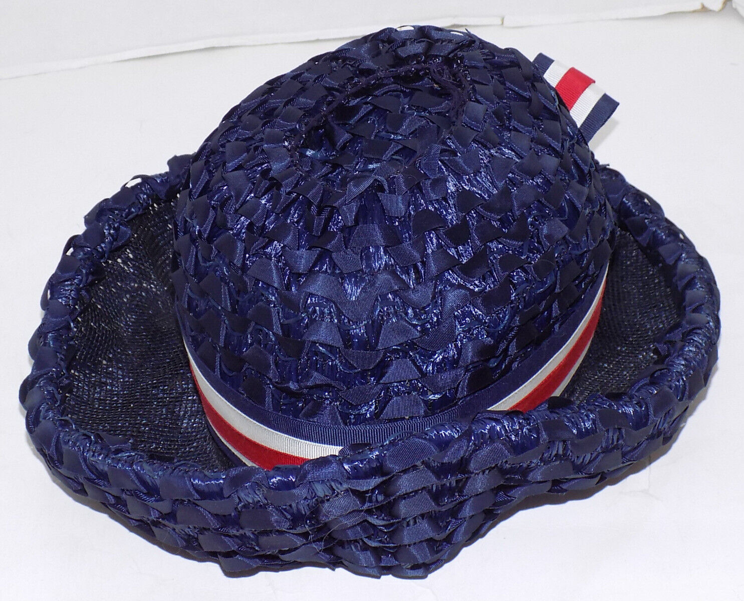 Vintage Navy Blue Woven Straw Brimmed Hat Red Whi… - image 6