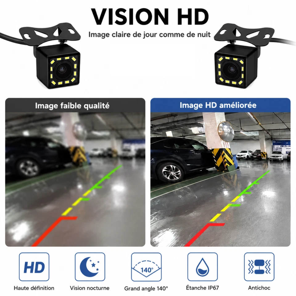 Caméra de Recul Voiture 12V HD Vision Nocturne 12 LED Étanche IP68 RCA 140° - Photo 3/4