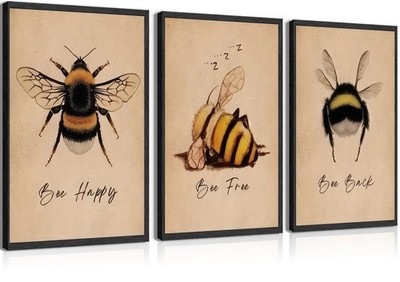 3Pcs Vintage Bee Wall Art Bee Happy Wall Decor Entomology Art Poster Cute Ani...