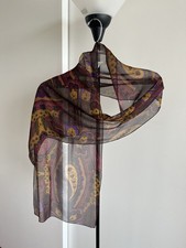100 Silk Georgette Scarf Stole Floral Paisley Forest Green Wine   13" x 62"