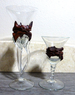 Delicate Hand Blown Glass and Burnished Leather Candle Holders LED Tealights Set