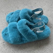 UGG Tourquise Blue Fuzzy Slipper Slides Size 8 EUC