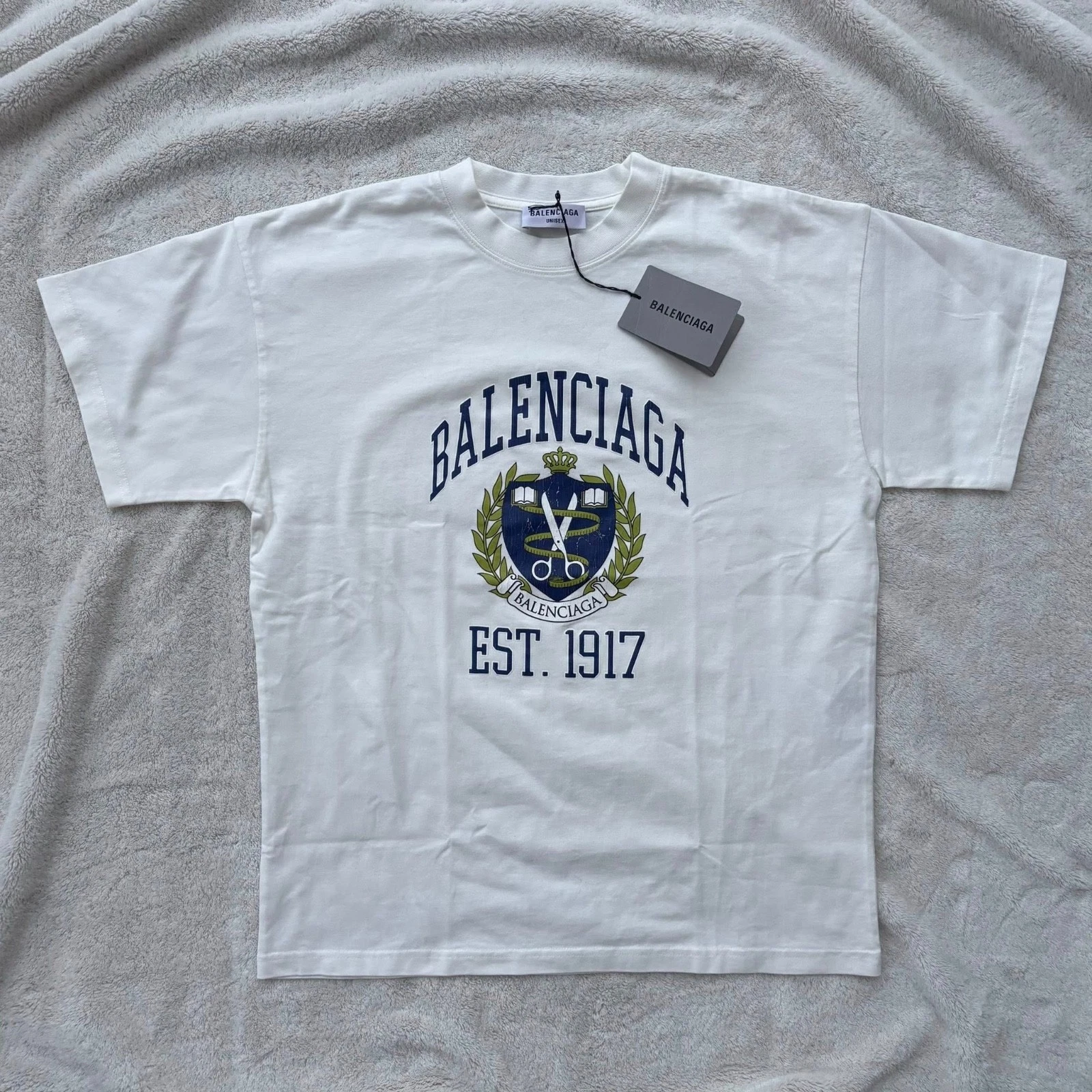 Balenciaga — Balenciaga White College Crest Logo Tee - Fits Sz Small - $700 - New - Authentic