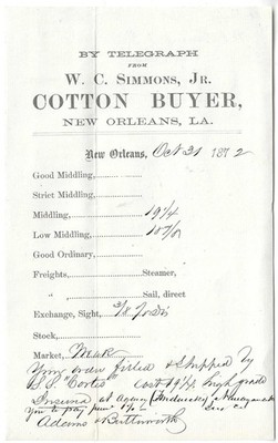 1872 W. C. Simmons Cotton Buyer New Orleans LA Telegraph Order Billhead Antique