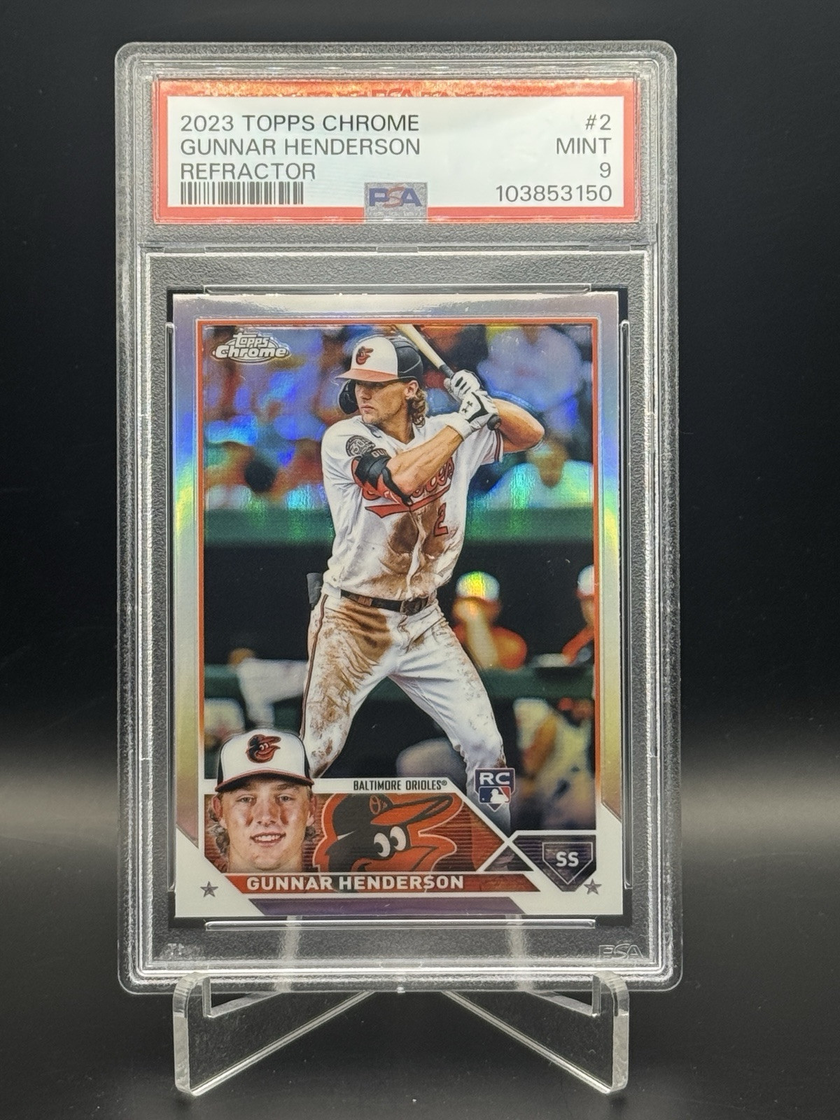 2023 Topps Chrome Baseball Gunnar Henderson REFRACTOR #2 RC Orioles PSA 9