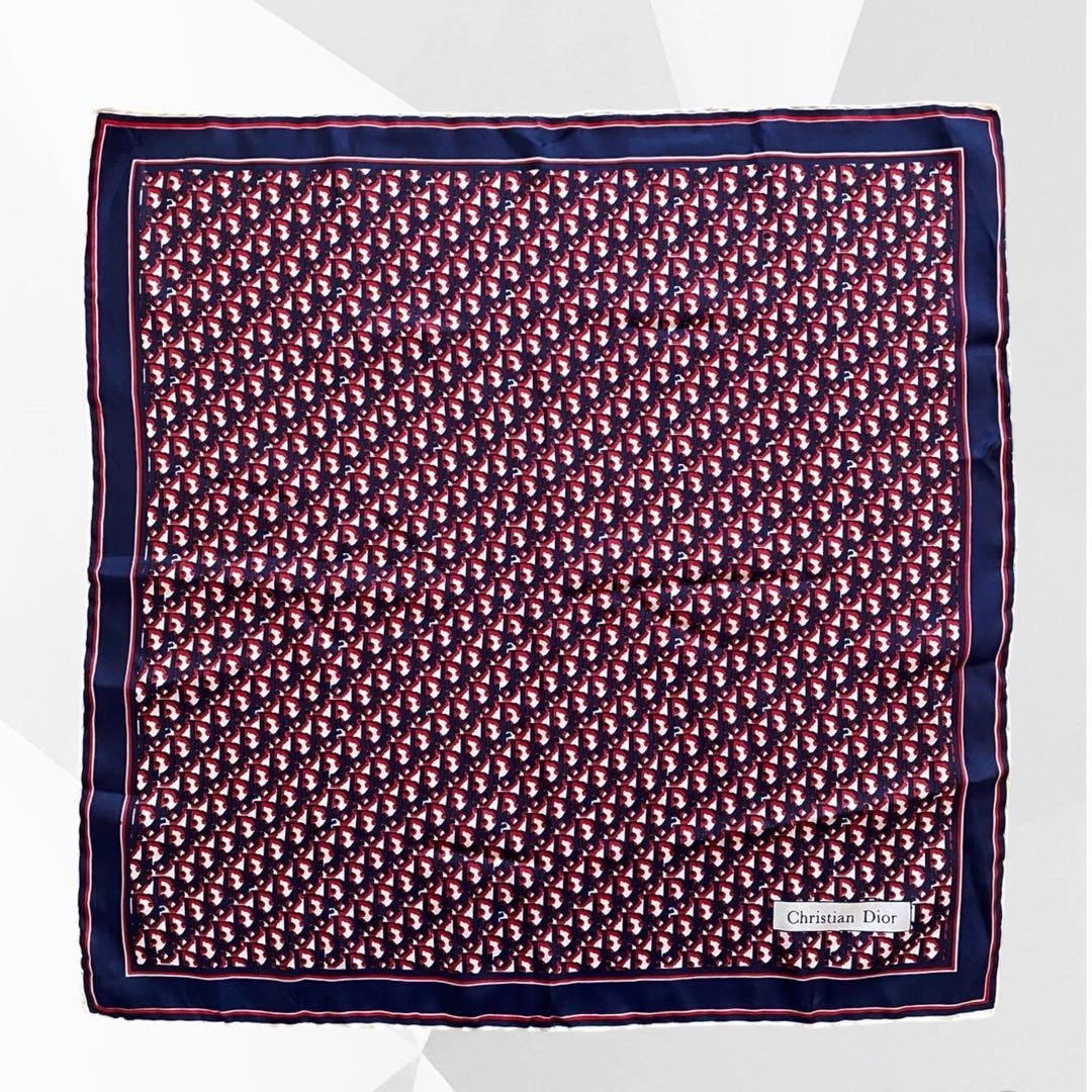 Christian Dior foulard en soie bleu marine rouge blanc 100% soie 18,7 pouces carré femme