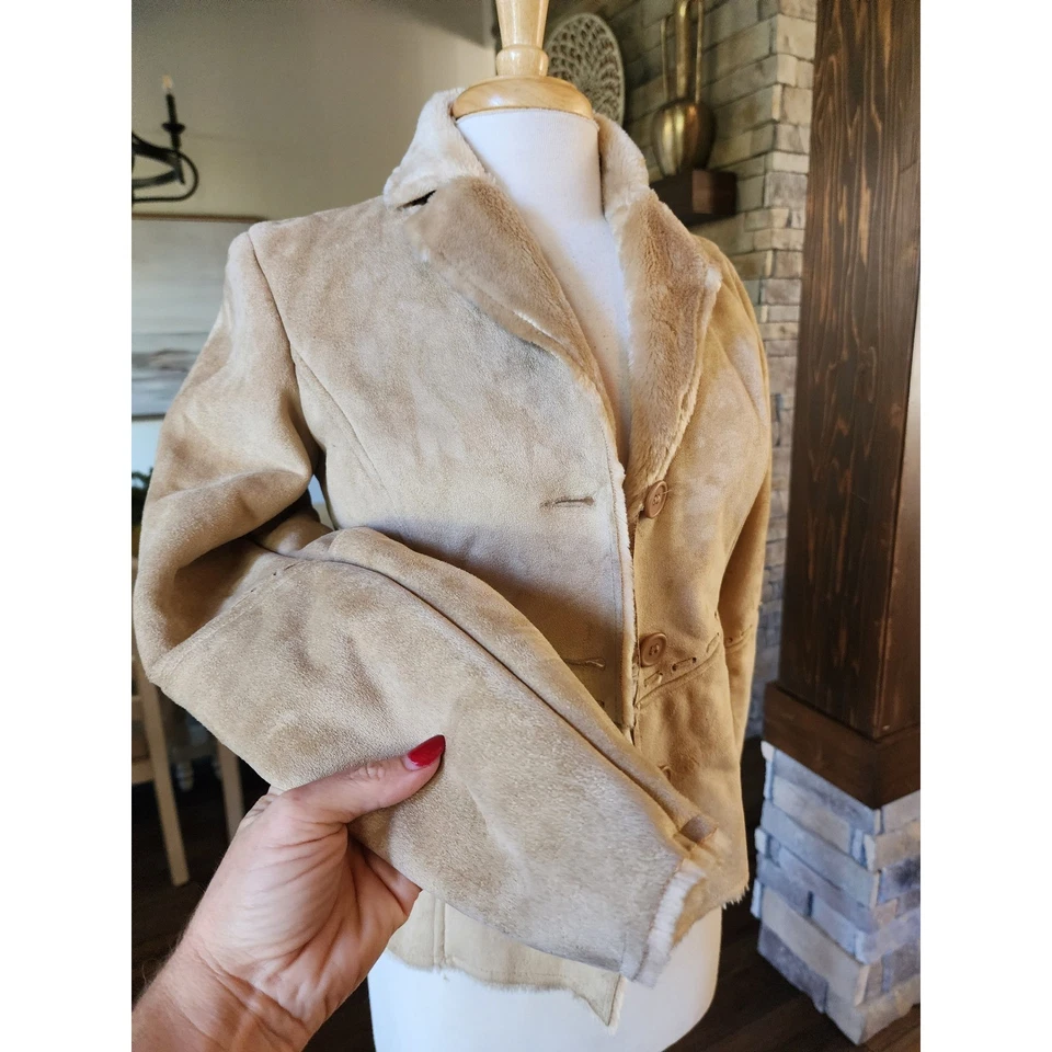 Y2K VTG Forever 21 Faux Suede Jacket Tan Beige Sherpa Lined Western Style Size S - Image 3 of 4