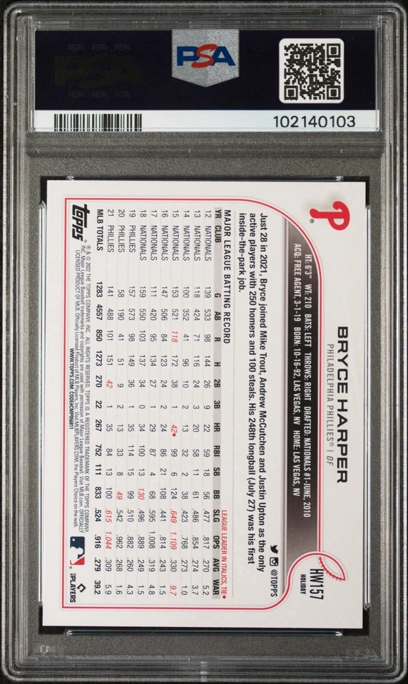 *POP 4* 2022 TOPPS HOLIDAY BRYCE HARPER PSA 10 GEMA COMO NUEVA PHILADELPHIA PHILLIES Foto 2 de 2