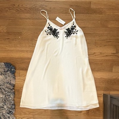 Francescas Ivory Black Full Slip Dress M Adjustable Straps Embroidered Accent