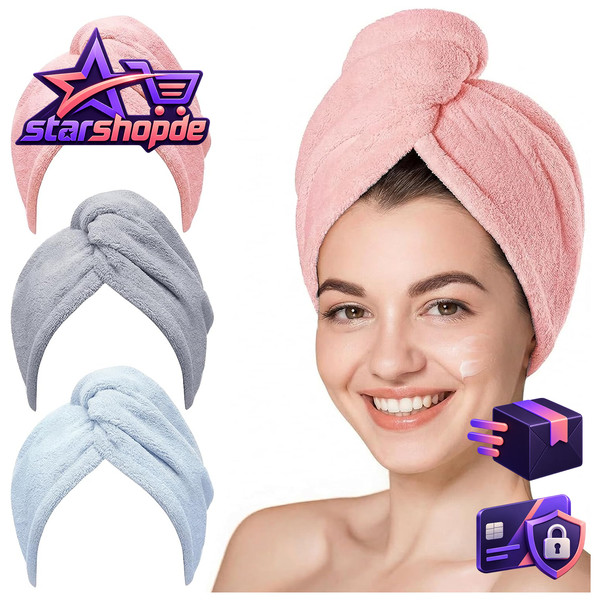 Mikrofaser Handtuch Turban 3 StüCk Super SaugfäHig Schnelltrocknend Grau Rosa-image