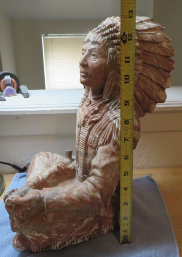 Native American Indian Chief Pipe Stone Carving Statue/Sculpture Artist Signed - Picture 13 of 15