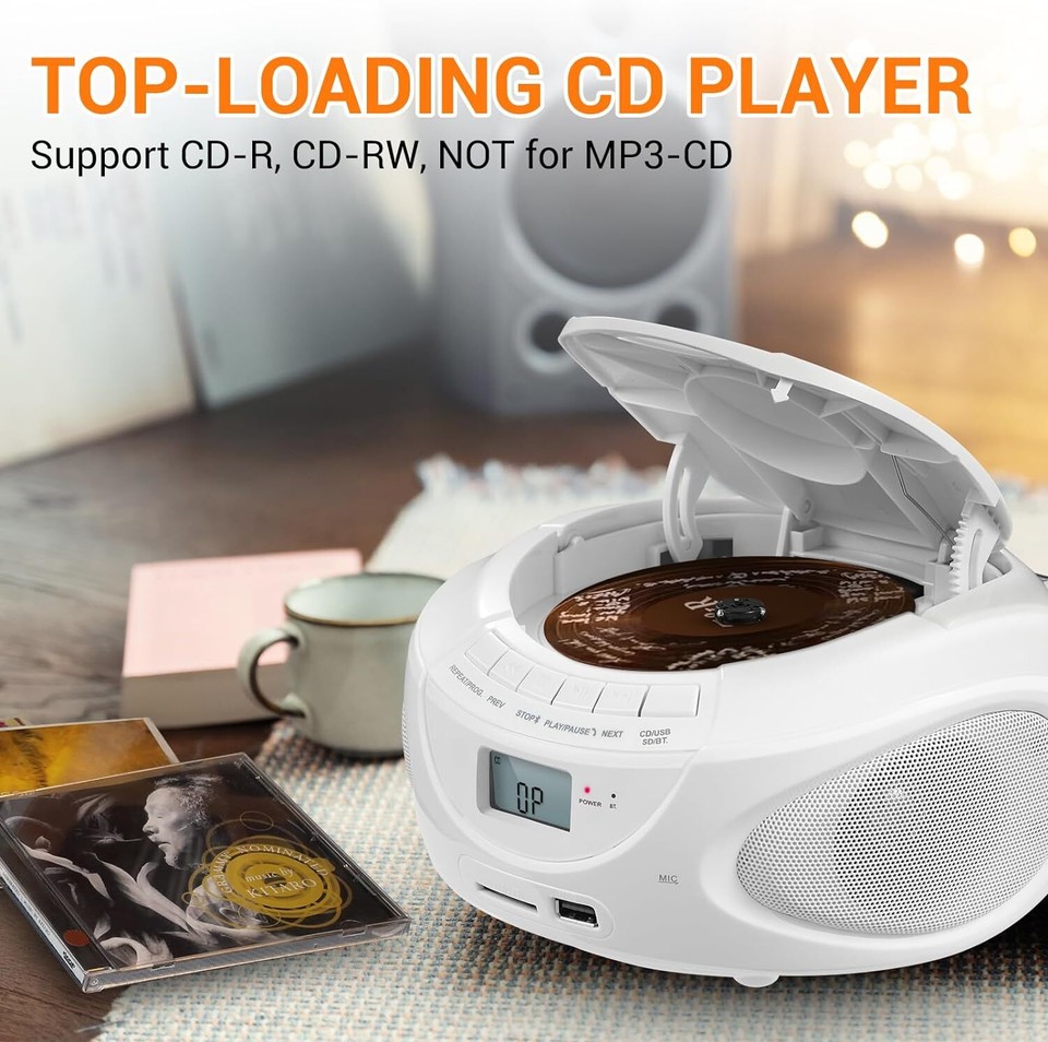 Gelielim Portable CD Player Boombox with Bluetooth, AM/FM Radio, White