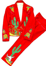 Men 2Pc Customized Cowboy Floral Embordered Wedding Cocktail Prom Party Outfit