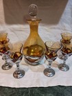 Art Deco amber glass Farber Bros Krome Kraft decanter 6 cordial glasses Vintage — photo 1
