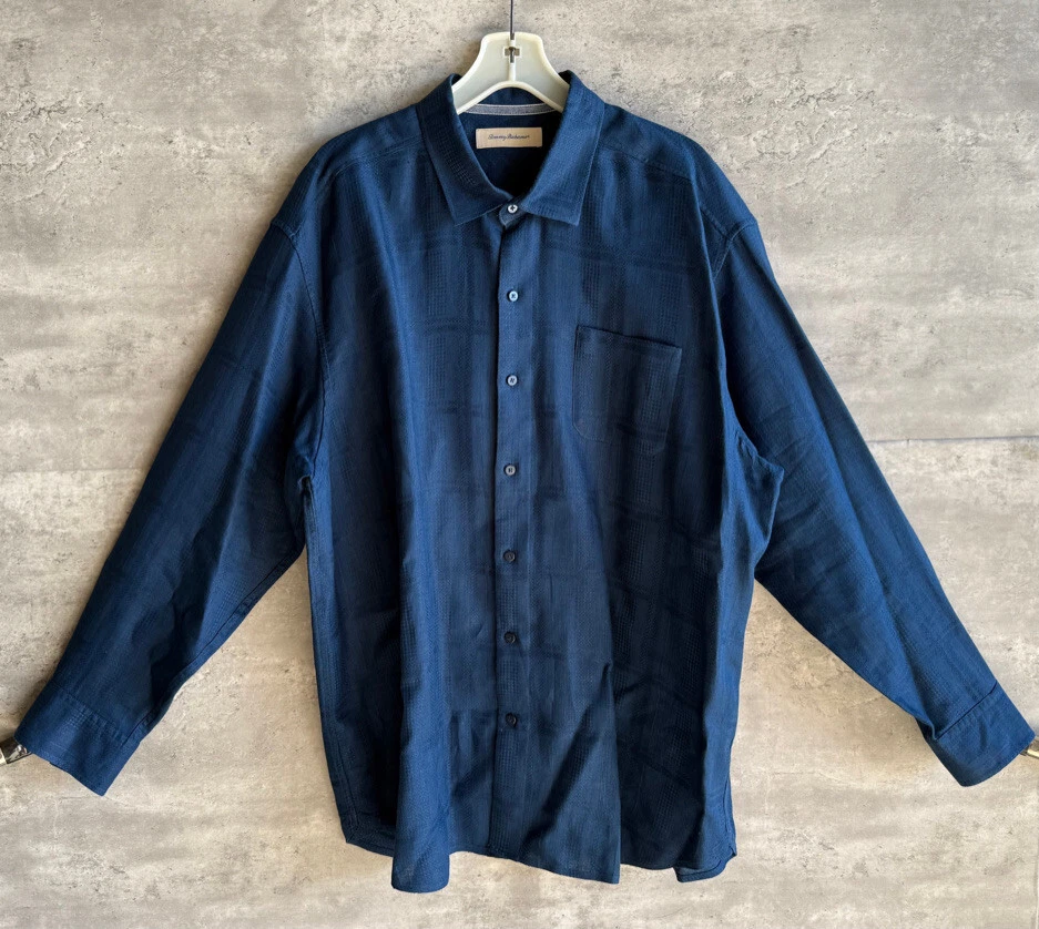 Tommy Bahama Blue Linen Textured Geometric Button-Down Long-Sleeve Shirt Sz XXL