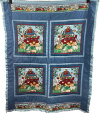 Handmade Noah  s Ark Baby Quilt Blue Flannel Back 38" x 47" Satin Trim Vintage