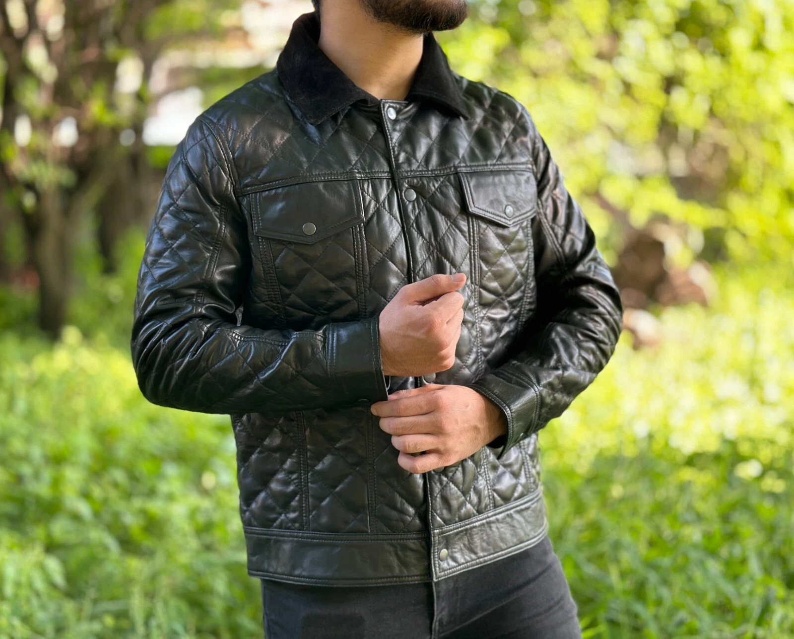Mens Real Lambskin Quilted Leather Trucker Jacket, Black Leather Trucker Jacket image 2