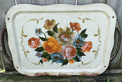 Vintage Metal TV Lap Bed  26  X 17  Very Retro White Floral Gold Trim