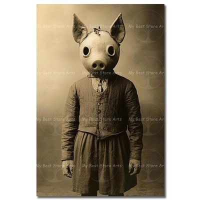 Pig Mask Girl Art Print, Haunted Vintage Farm Figure Poster, Gothic Decor