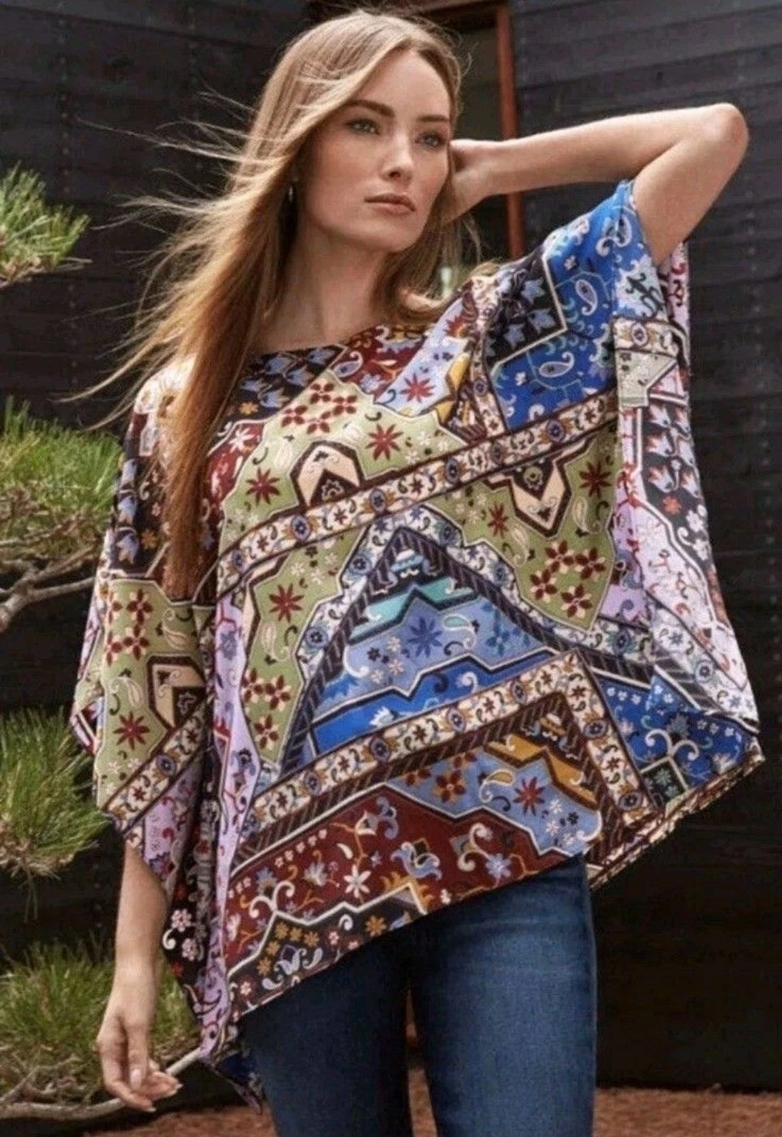 Johnny Was 100% Silk Size L Miklos Easy Top Kimono Blouse Poncho Kaftan NWT