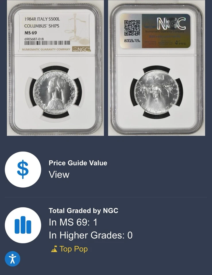 1984 ITALY SILVER 500 LIRE-COLUMBUS SHIPS-NGC MS 69 - BEAUTIFUL & RARE TOP POP - Image 3 of 3