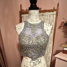 Tiffany Designs Blue Gold Embellished Formal Crop Top