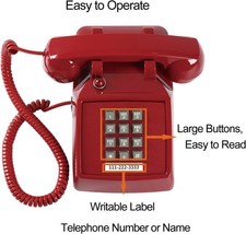 Traditional Red Landline Phone, Retro Corded Telephone Visible Ringing Indicator