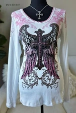 USA New VOCAL Womens CRYSTAL WHITE CROSS ANGEL WINGS WHIPSTITCH SHIRT S M L Y2K