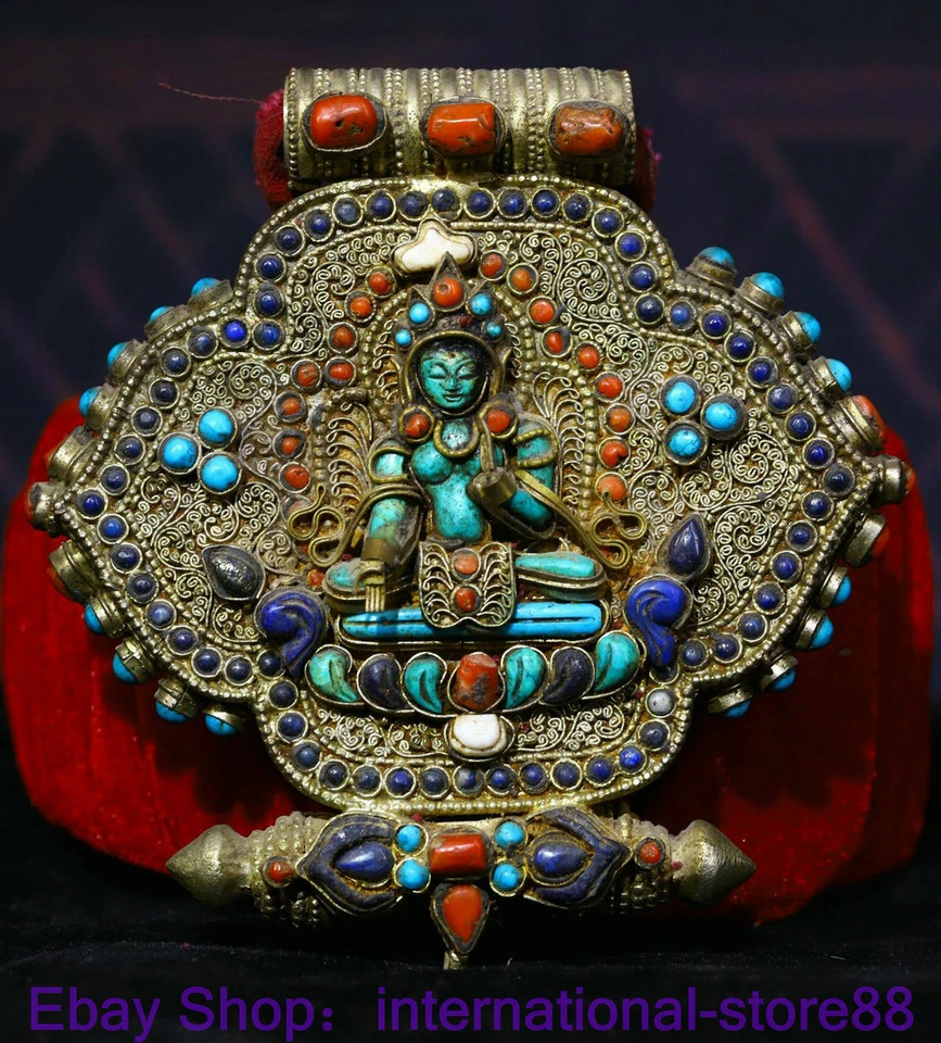 Antiguo Tíbet Filigrana Coral Gemas Budismo Tara Guanyin Buda Gawu Caja Foto 2 de 4