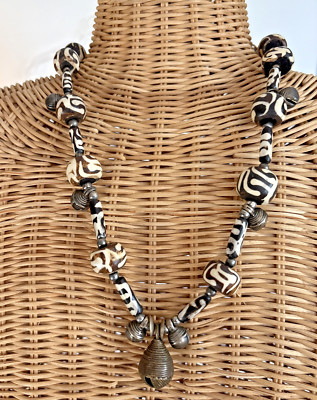 Vintage African Batik Bone Bead W/Baule Brass Lost Wax Cast Bells Necklace 15.5''