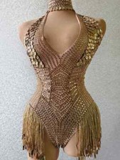 Women Gold Rhinestones Sequins Fringes Bodysuit Dancer Performance Costume