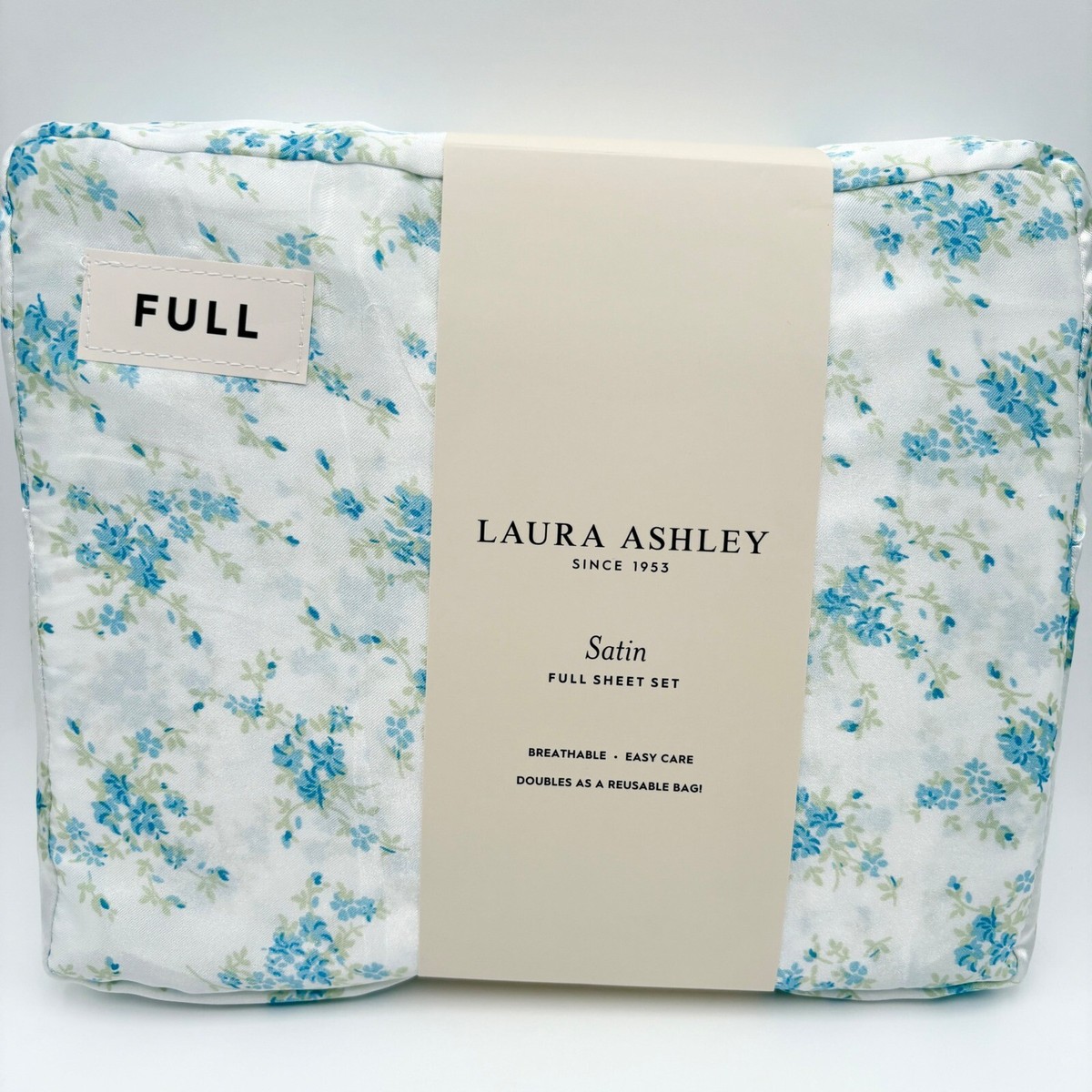 Laura Ashley Paris Fleur Satin FULL Sheet Set Blue Floral