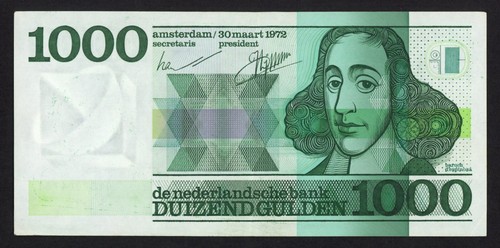 Netherlands error banknote 1000 gulden 1972, mirrored '0001' and Spinoza - Afbeelding 2 van 3