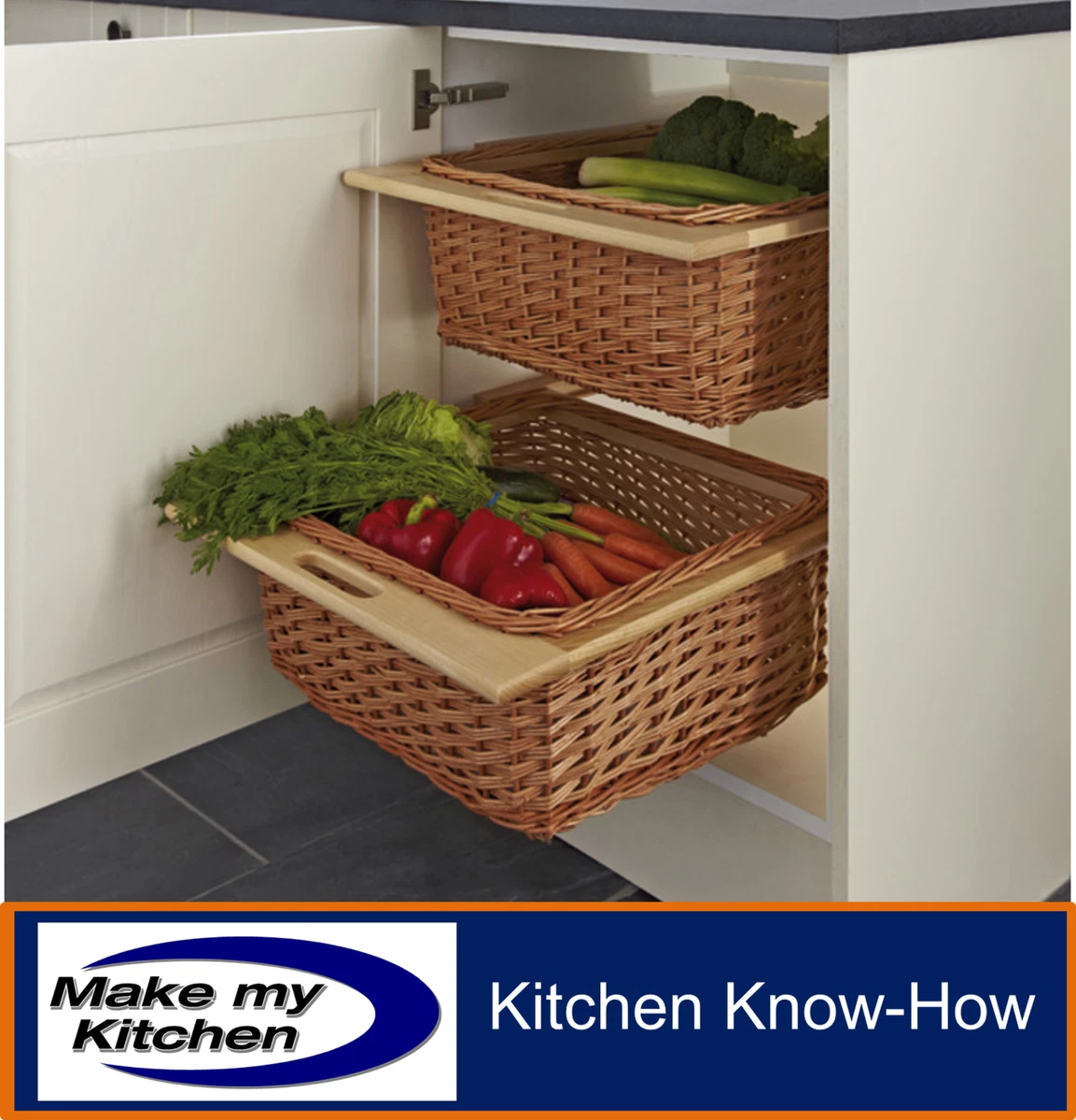 Set of 2 Kitchen Unit Wicker Baskets to Suit 500mm or 600mm Units Beech or Oak