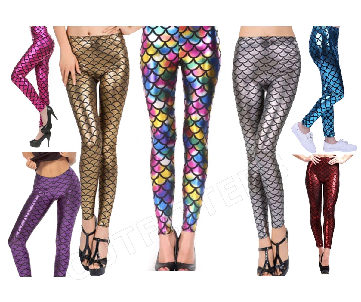 Ladies Plus Size Metallic Mermaid Disco Leggings Shiny Fish Tail Scales  Stretchy