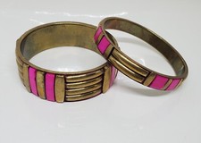 Vintage Brass Lucite Hot Pink Bangle Bracelets Panel Design Lot of Two