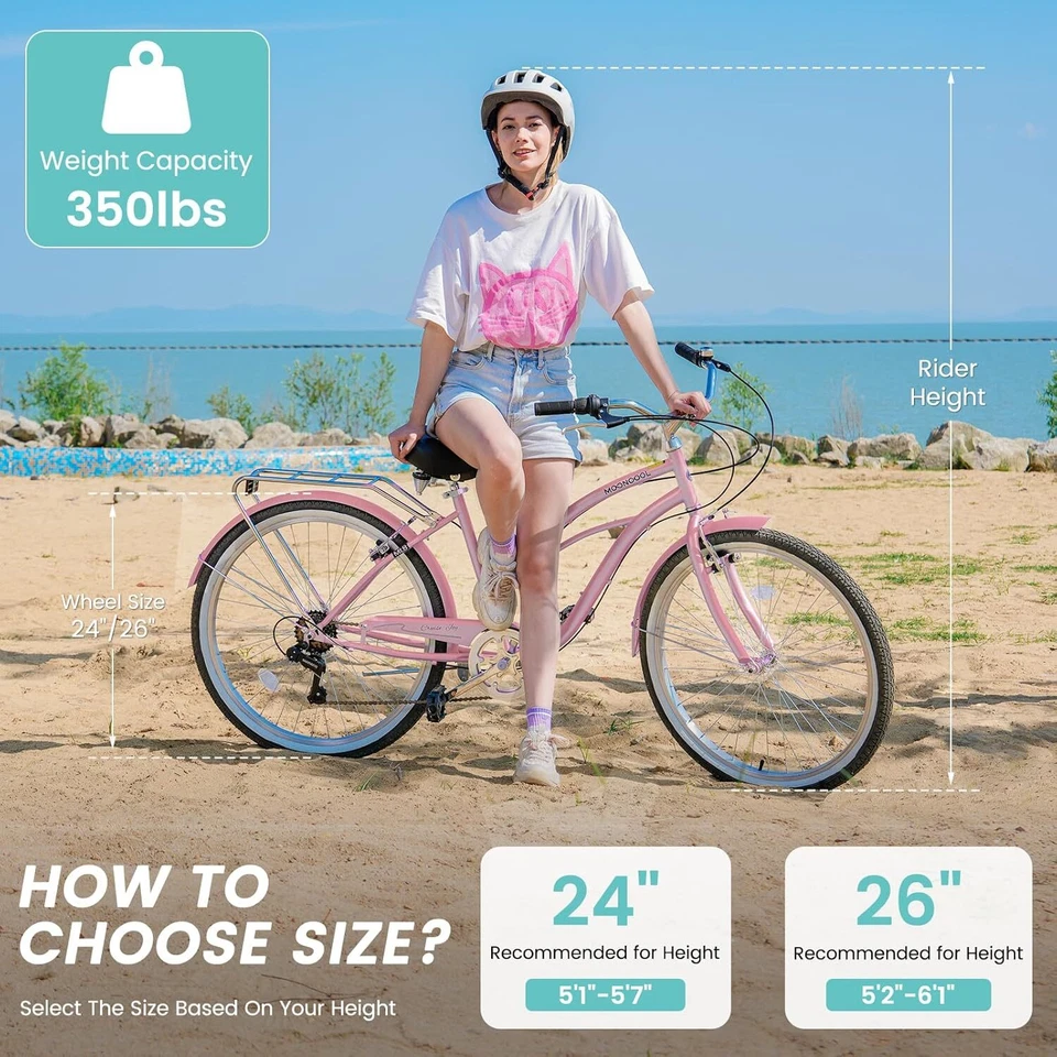 H&ZT 24/26 Inch Beach Cruiser Bike 7 Speed City Bike Commuter Bicycle Men Women - Image 2 of 4